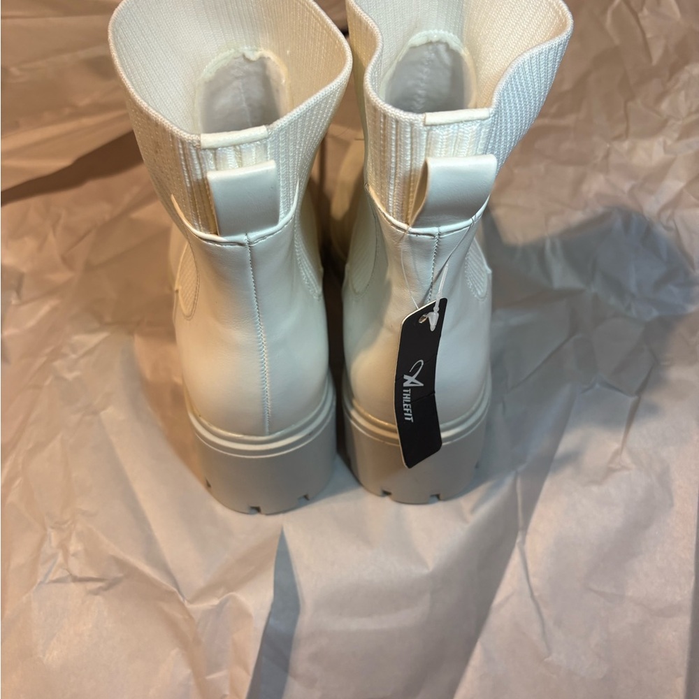 White Combat Moto Boots with Reflective Finish